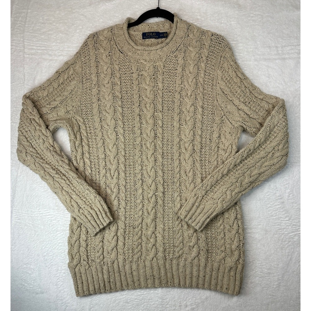 Polo Ralph Lauren Cable Knit Sweater Mens L Tan Cotton Hemp Blend 1130